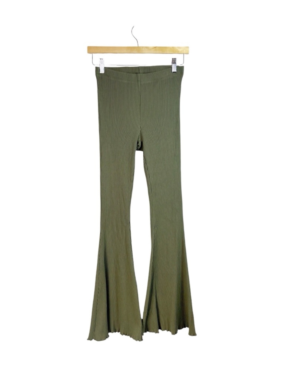 Aerie Olive Green Ribbed Flare High Rise Pants Boho Lounge Comfy Size S